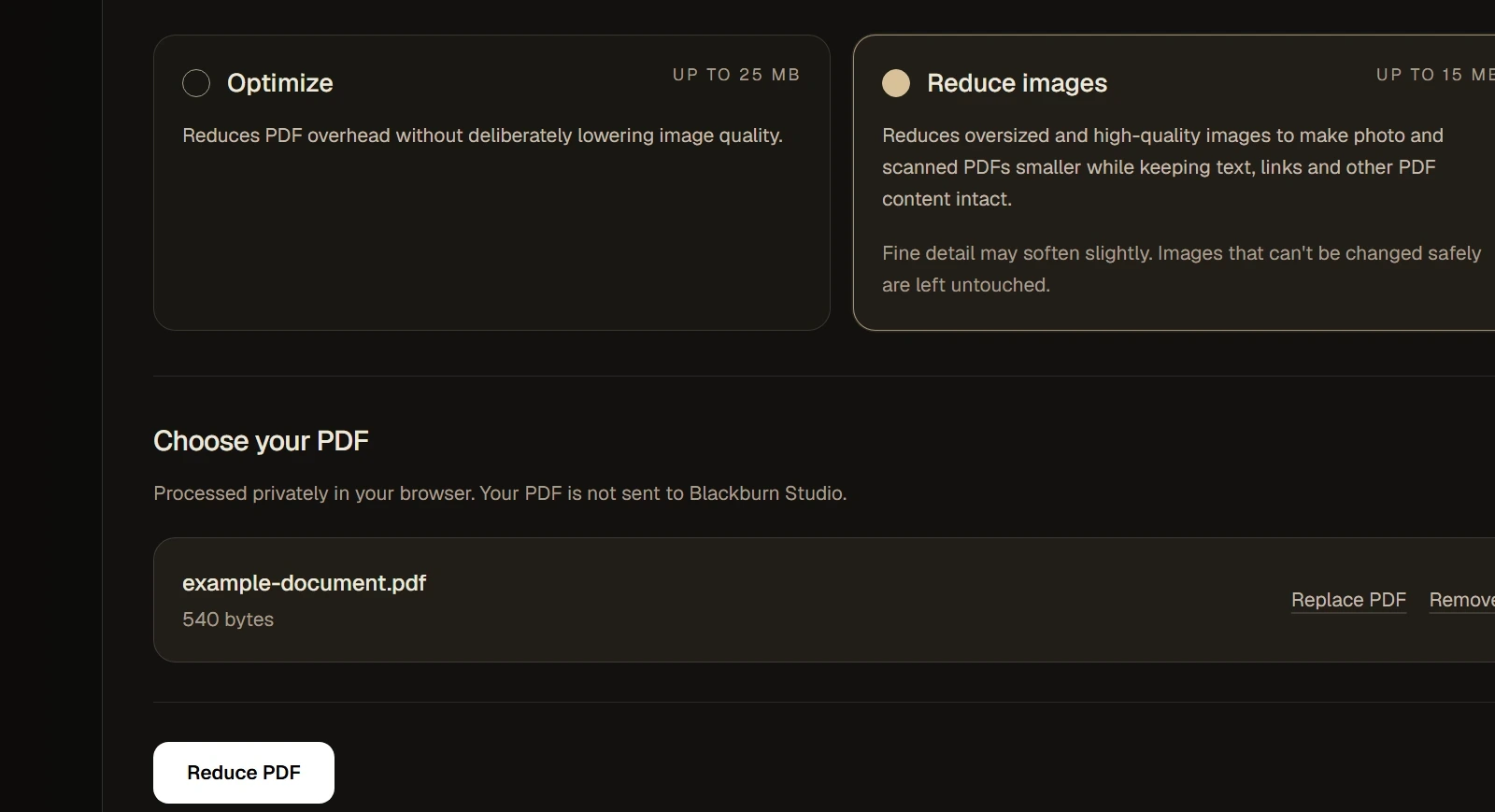 Blackburn Studio PDF Reducer showing the selected Reduce images mode, selected PDF file and Reduce PDF action