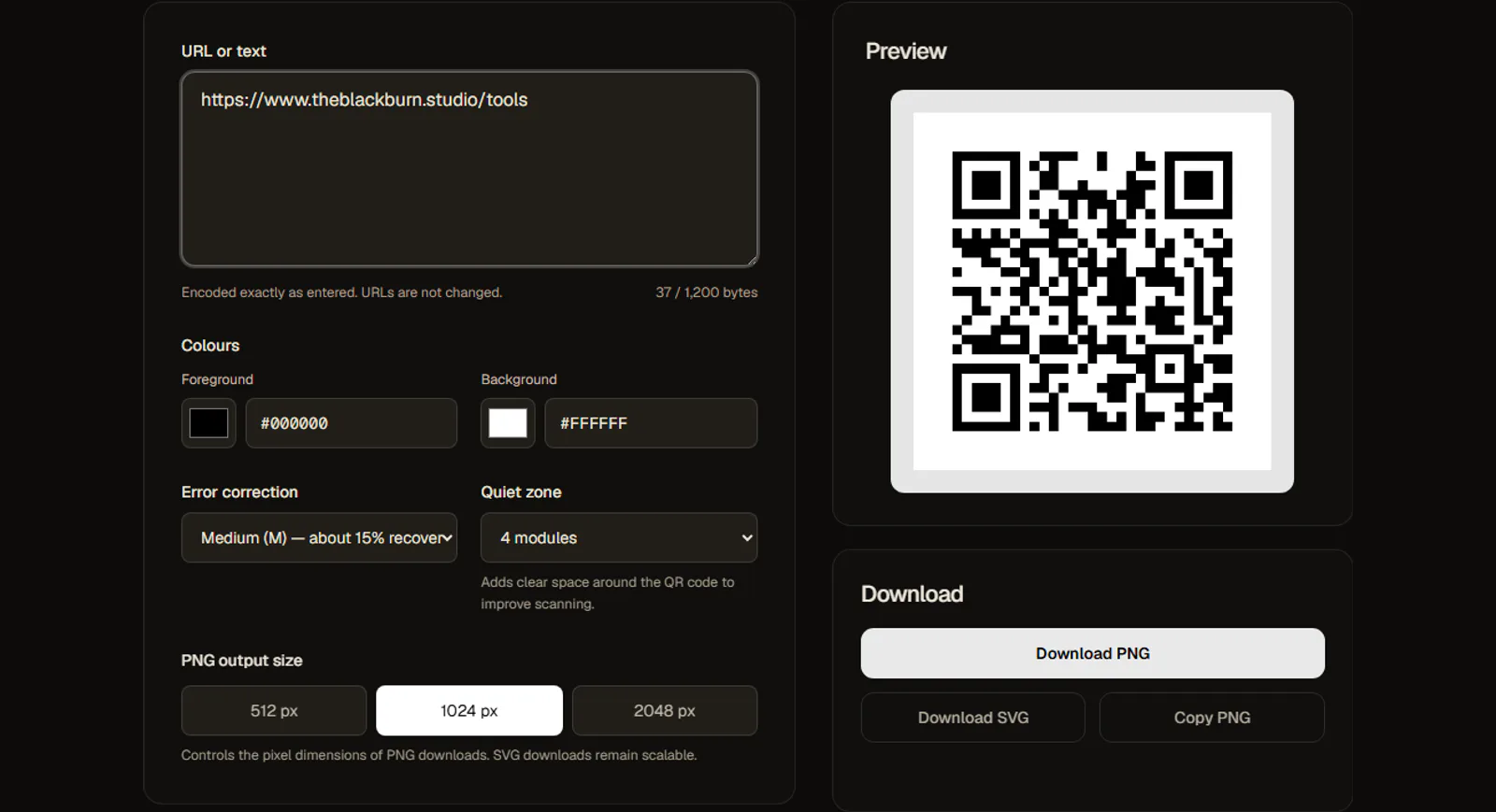 Blackburn Studio QR Code Generator interface showing controls and QR preview
