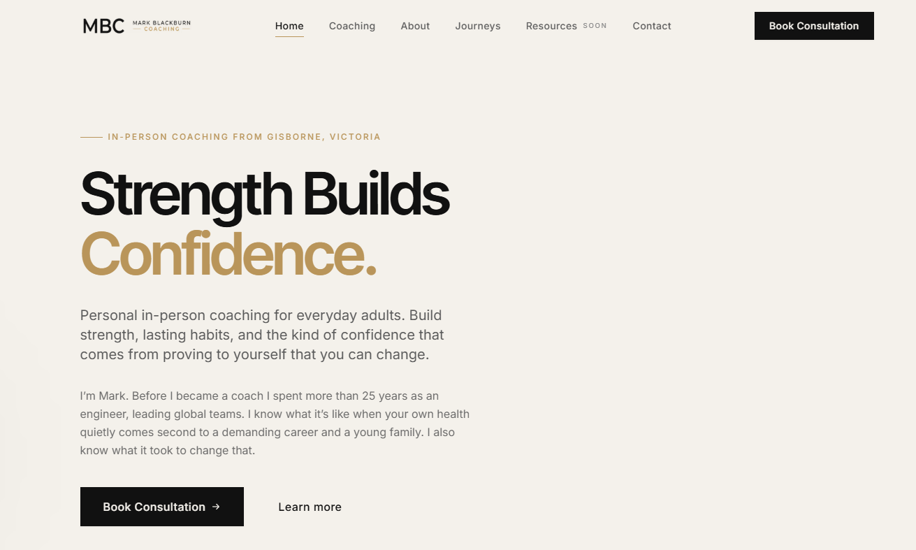 Mark Blackburn Coaching homepage showing the Strength Builds Confidence hero
