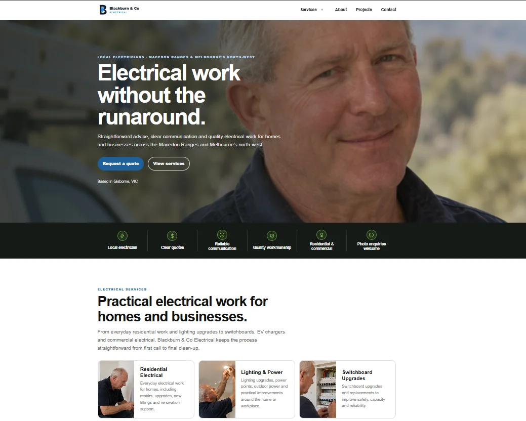 Blackburn and Co Electrical demonstration website homepage showing the hero, trust signals and electrical service cards