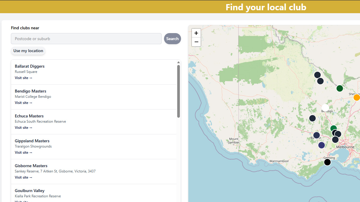 AFL Masters Vic Country find your local club page showing a club search interface and map of Victoria